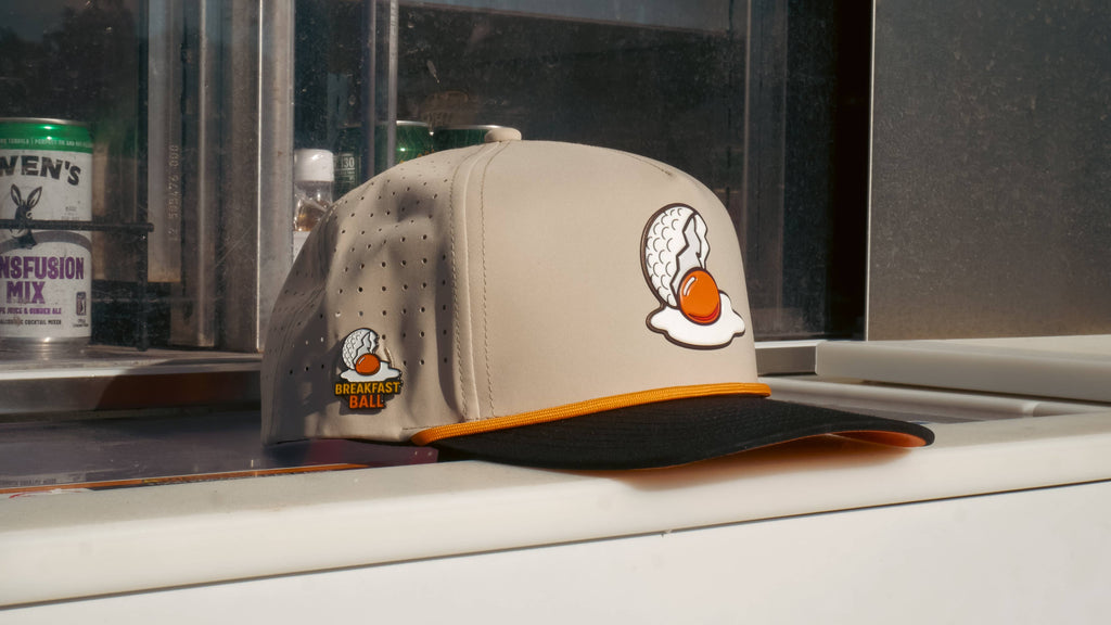 Breakfast Ball Golf Hat | Snapback Cap | Built-in Magnetic Ball Marker Holder + Marker Included | Breakfast Ball | Adjustable | Mulligan Tan